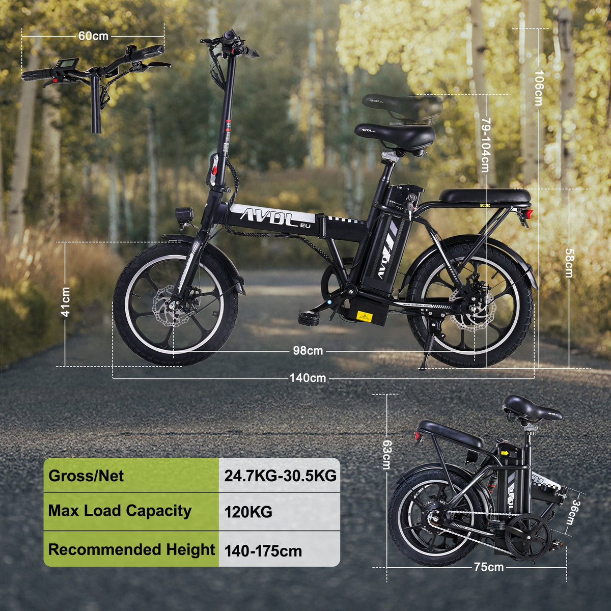AVDLEU Foldable Electric Bike 16" - 250W-25km/h, 11.4Ah/36V Removable Battery, 40-70km (ASSIST Mode), Urban Bike - #AVDLEU#
