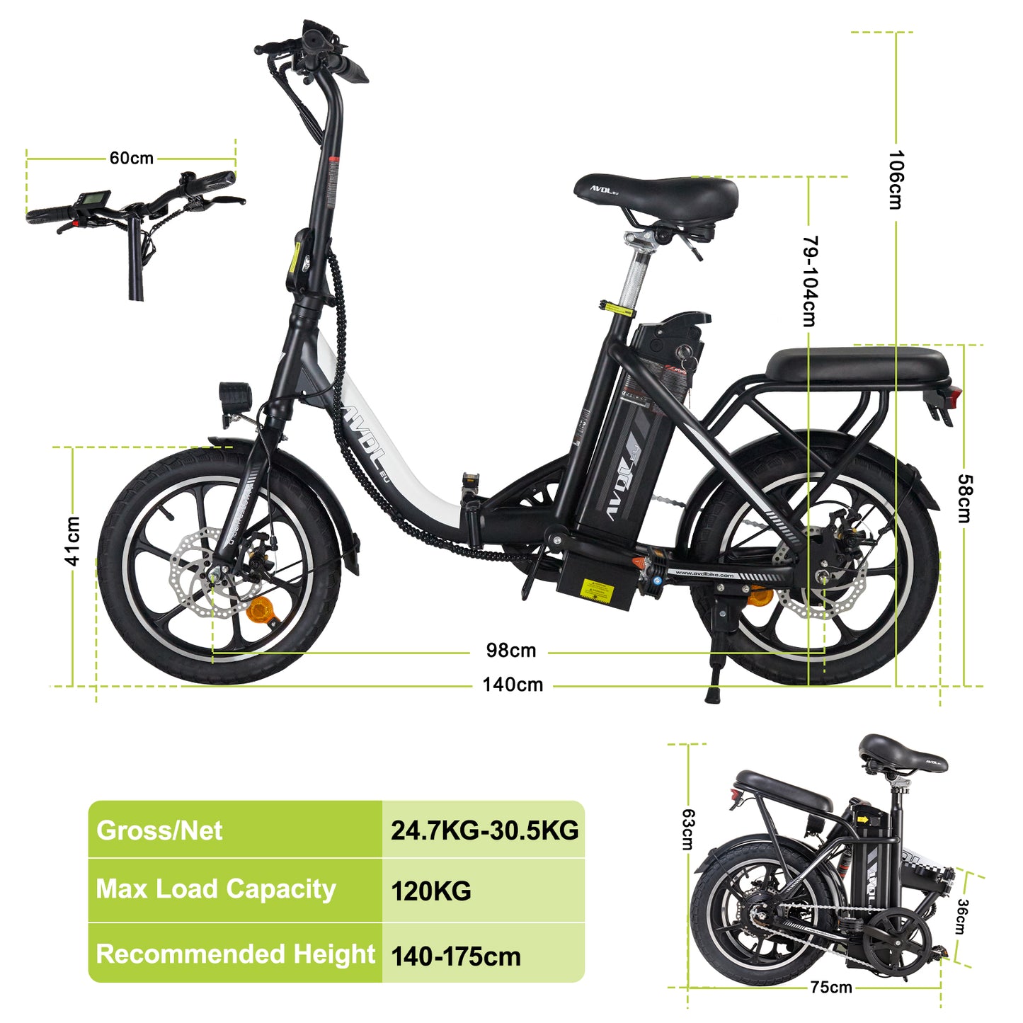 Faltbares E-Bike für Erwachsene Elektrische Urban Bikes 20 Zoll Reifen Elektrofahrrad | AVDL A20