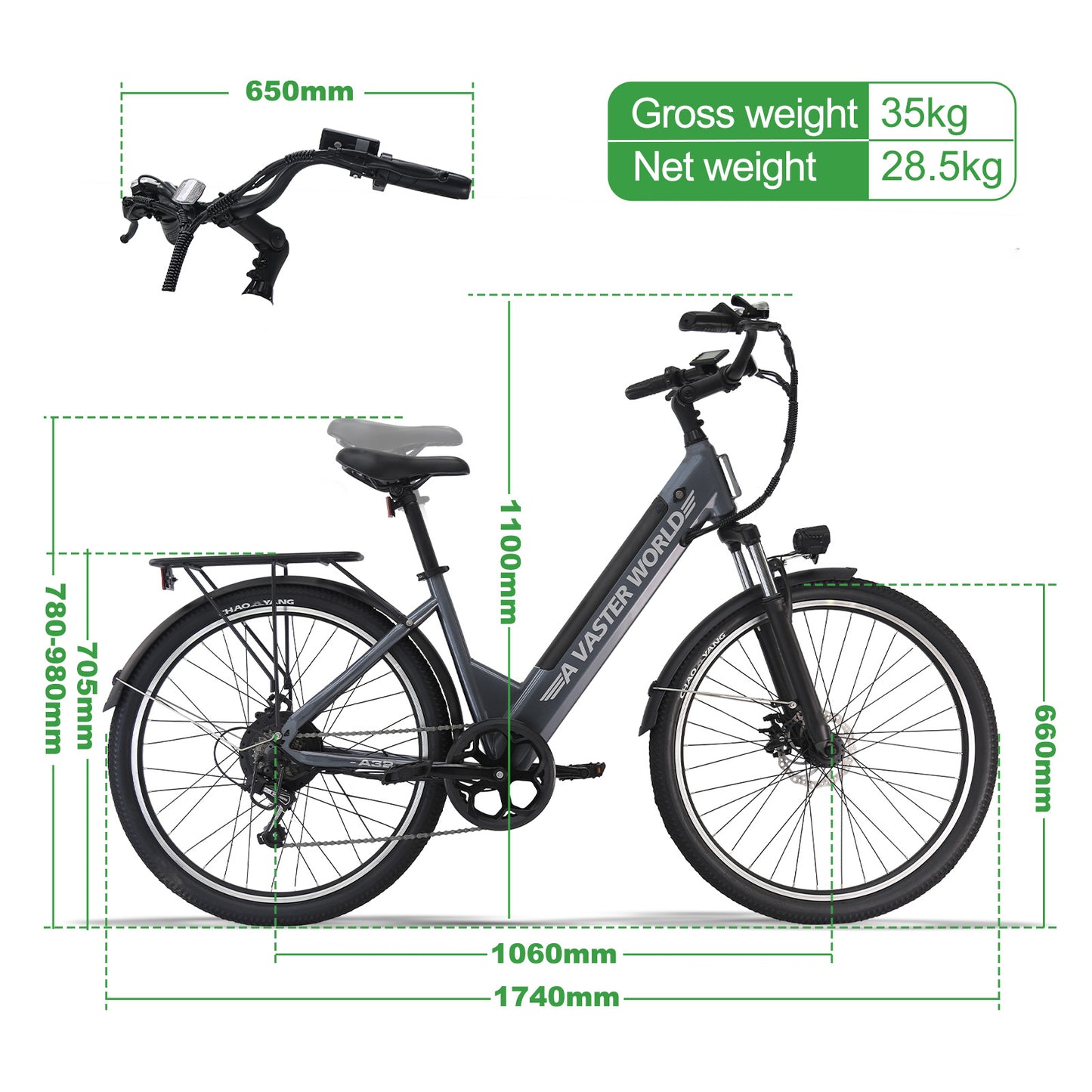 26" Electric Bike for Adults, Electric EBike with SHIMANO 7-Speed, Low-step-through Electric Bicycles ,Assisted up to 70km Grey| A32
