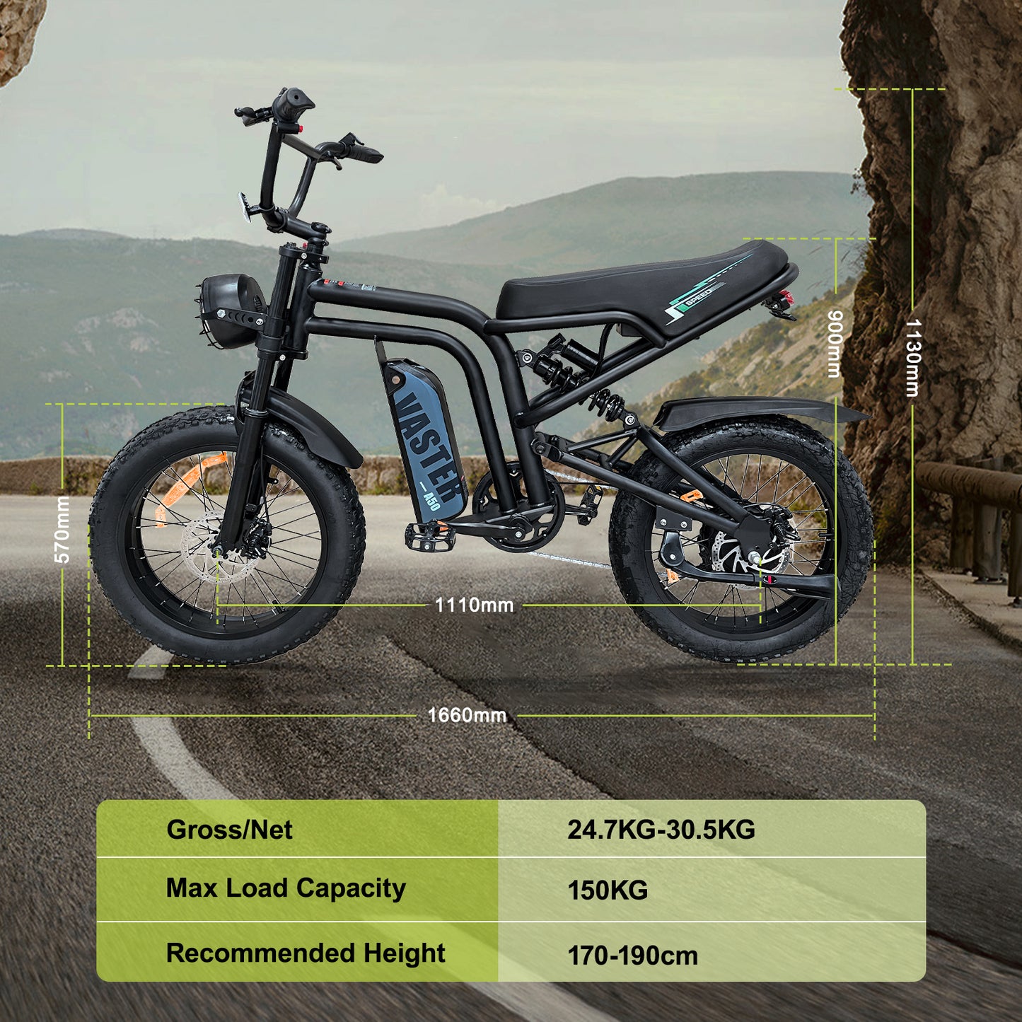 AVDL BIKE A50 Velo Electrique 20" - Fat Bike Tout Terrain - Moteur 250W-25km/h-Batterie 48V 14.25Ah - Autonomie 60-120km - Noir