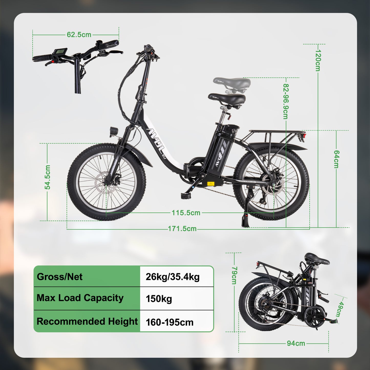 AVDLEU foldable electric bike - 20" off-road E-bike with 3.0 Fat tire, 250W Large battery 14.25Ah/48V, SHIMANO 7-Speed - #AVDLEU#
