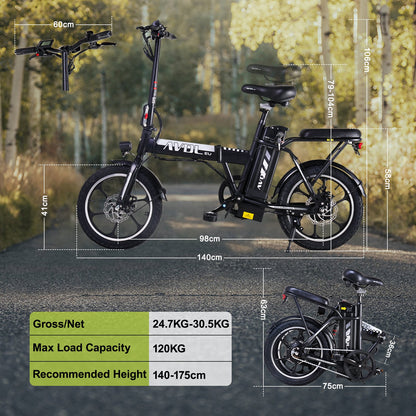 AVDLEU Foldable Electric Bike 16" - 250W-25km/h, 11.4Ah/36V Removable Battery, 40-70km (ASSIST Mode), Urban Bike - #AVDLEU#