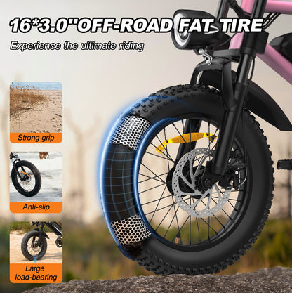 Electric Bike for Teenager 20 mph Ebike ,16'' Fat Tire Electric Bike, 20-45 Miles PAS Range, 36V12.8 Ah, 460Wh Larger Battery | A13 Pink