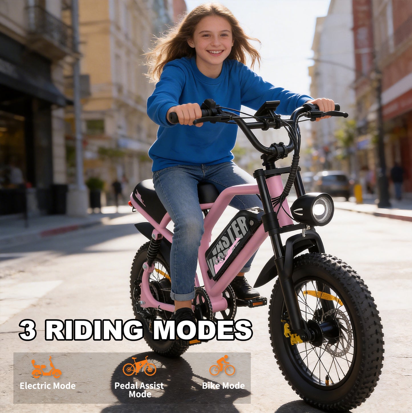Electric Bike for Teenager 20 mph Ebike ,16'' Fat Tire Electric Bike, 20-45 Miles PAS Range, 36V12.8 Ah, 460Wh Larger Battery | A13 Pink