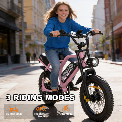 Electric Bike for Teenager 20 mph Ebike ,16'' Fat Tire Electric Bike, 20-45 Miles PAS Range, 36V12.8 Ah, 460Wh Larger Battery | A13 Pink
