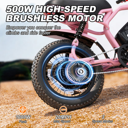 Electric Bike for Teenager 20 mph Ebike ,16'' Fat Tire Electric Bike, 20-45 Miles PAS Range, 36V12.8 Ah, 460Wh Larger Battery | A13 Pink