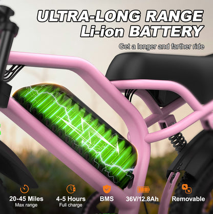 Electric Bike for Teenager 20 mph Ebike ,16'' Fat Tire Electric Bike, 20-45 Miles PAS Range, 36V12.8 Ah, 460Wh Larger Battery | A13 Pink