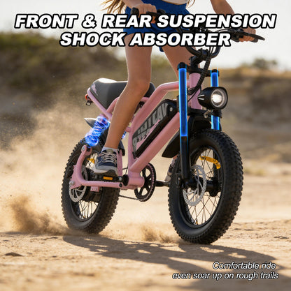 Electric Bike for Teenager 20 mph Ebike ,16'' Fat Tire Electric Bike, 20-45 Miles PAS Range, 36V12.8 Ah, 460Wh Larger Battery | A13 Pink