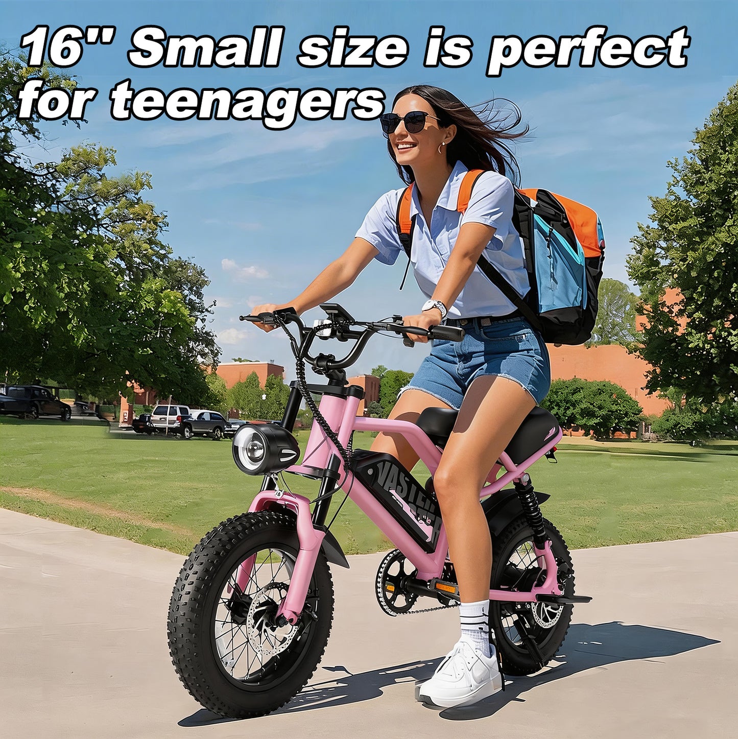 Electric Bike for Teenager 20 mph Ebike ,16'' Fat Tire Electric Bike, 20-45 Miles PAS Range, 36V12.8 Ah, 460Wh Larger Battery | A13 Pink