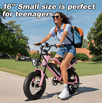 Electric Bike for Teenager 20 mph Ebike ,16'' Fat Tire Electric Bike, 20-45 Miles PAS Range, 36V12.8 Ah, 460Wh Larger Battery | A13 Pink