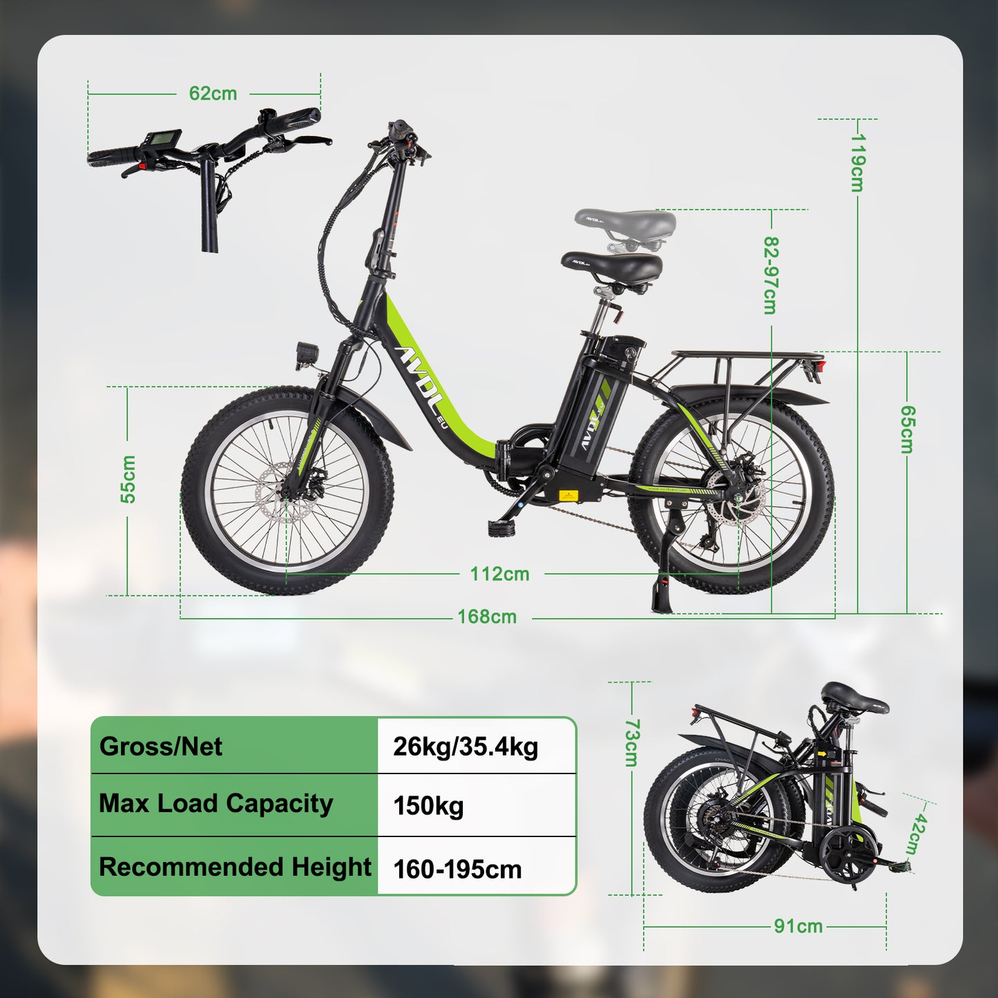 Best Foldable Ebikes for Adults 20 Inch Tire Electric Bike Green | AVDL A21