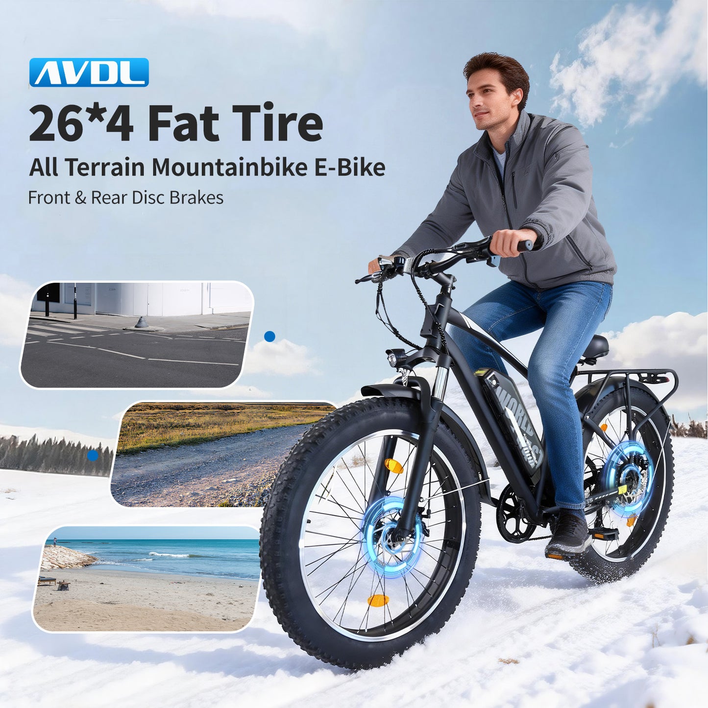 Mountain Bike with 26x4 Inch Fat Tire, Ebike 48V 15.6Ah Battery Up to 70KM, 250W Motor Max. 25km/h | AVDLBIKE A35