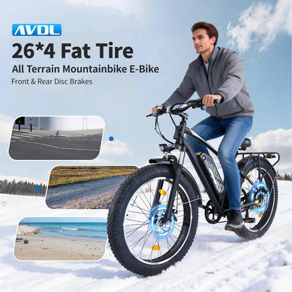 Mountain Bike with 26x4 Inch Fat Tire, Ebike 48V 15.6Ah Battery Up to 70KM, 250W Motor Max. 25km/h | AVDLBIKE A35