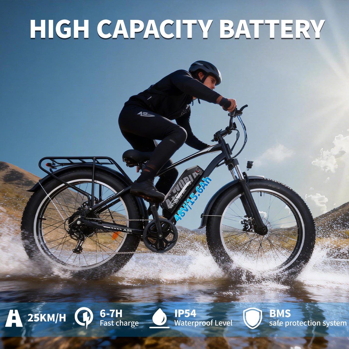 Mountain Bike with 26x4 Inch Fat Tire, Ebike 48V 15.6Ah Battery Up to 70KM, 250W Motor Max. 25km/h | AVDLBIKE A35